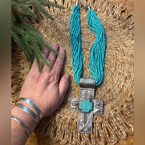 Turquoise Beaded Silver Cross Necklace - Picture 11 of 11